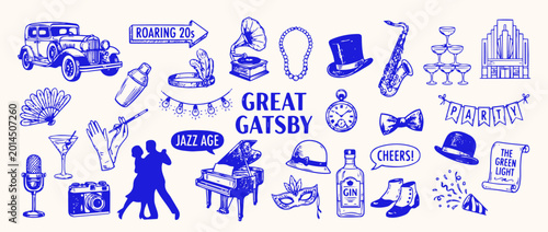 фотографія Flapper Era Icons: A collection of vintage illustrations, capturing the essence of the Roaring Twenties, showcasing the iconic symbols of the Jazz Age, including flapper era