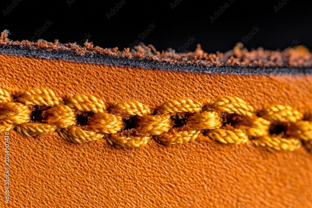Fototapeta premium Close up of beautifully stitched leather with vibrant orange color and textured finish