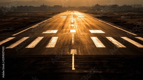 Golden sunset on airport runway with light reflections and clear markings