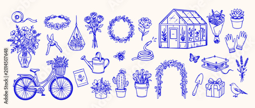 Canvas Print The Art of Horticulture: A delightful illustration showcases a collection of garden tools, plants, and floral arrangements, portraying the beauty and artistry of gardening and nature