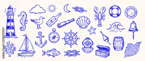 Nautical Elements: A collection of hand-drawn nautical elements, sketched in blue ink, that capture the essence of the sea and seafaring adventure.