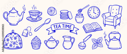 Fotografie A Tea Time Delight: An artful collection of tea essentials, each hand-drawn with intricate detail