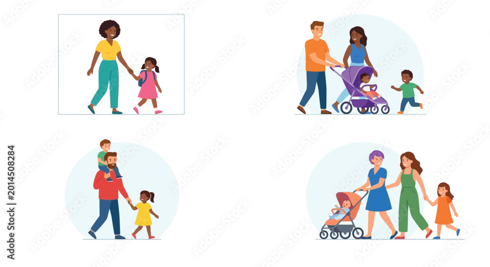 Fototapeta premium Diverse families walking together flat vector illustration