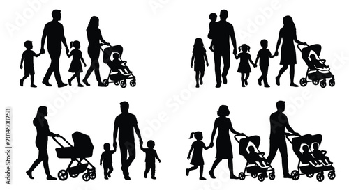 family silhouettes with strollers and children black and white