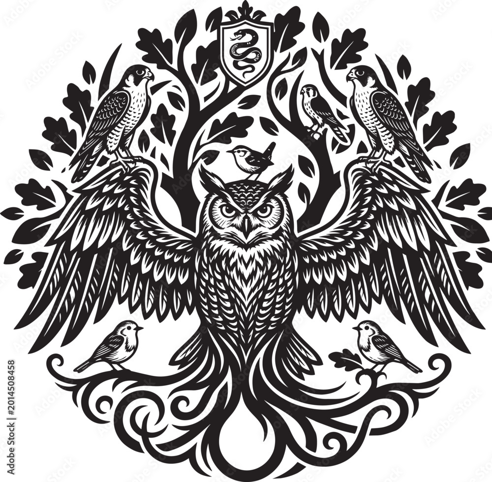 Obraz premium Vintage black and white tattoo design element featuring a tribal eagle wing silhouette and a floral skull pattern as a vector illustration emblem
