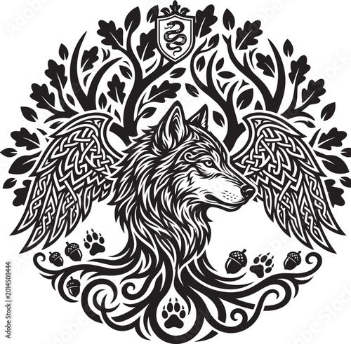 Black tribal wolf head and wild lion face vector illustration featuring a tiger silhouette and predator animal art design for a nature logo