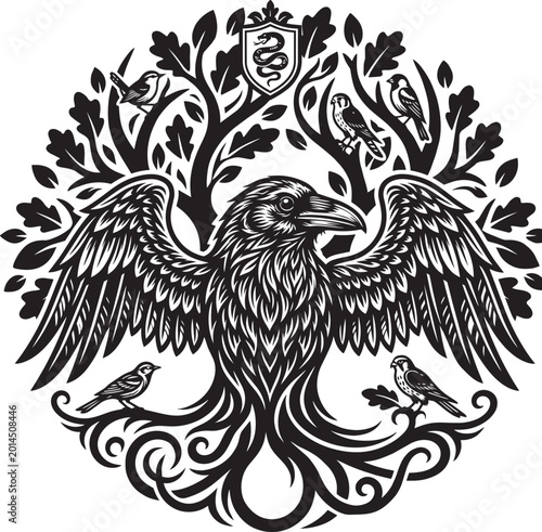 Vintage black tribal eagle tattoo design featuring a wild bird silhouette with decorative floral leaf patterns and detailed wings for a nature symbol vector illustration