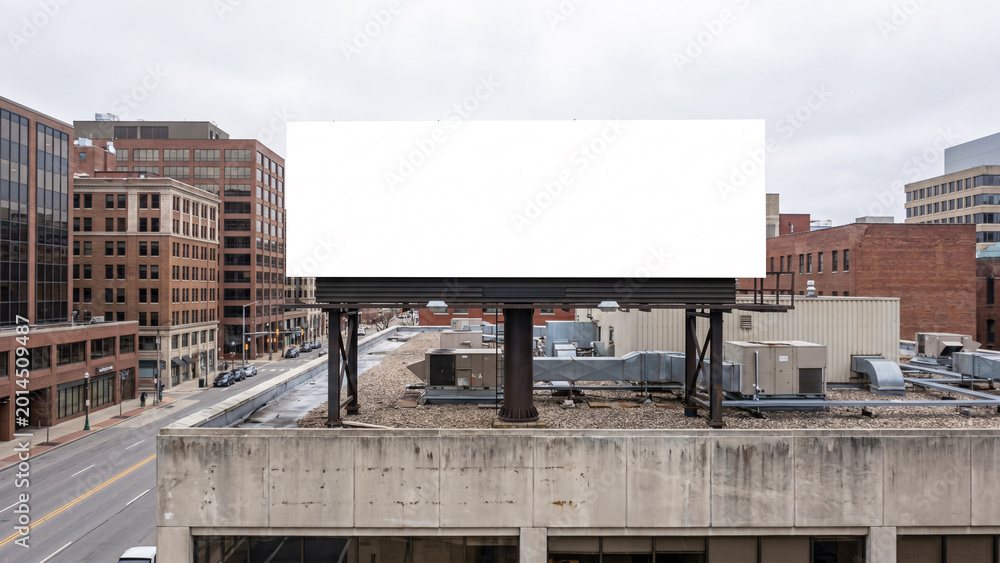 Obraz premium Blank White Billboard on City Rooftop Commercial Building, Empty Advertising Panel, Urban Outdoor Media, Mockup Display