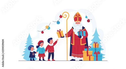 Bild auf Leinwand Saint Nicholas Giving Gifts to Children, Christmas Celebration