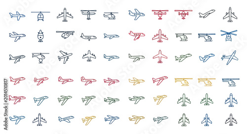 Fotografía Collection of Airplane and Helicopter Icons, Various Aircraft Types, Outline Vec
