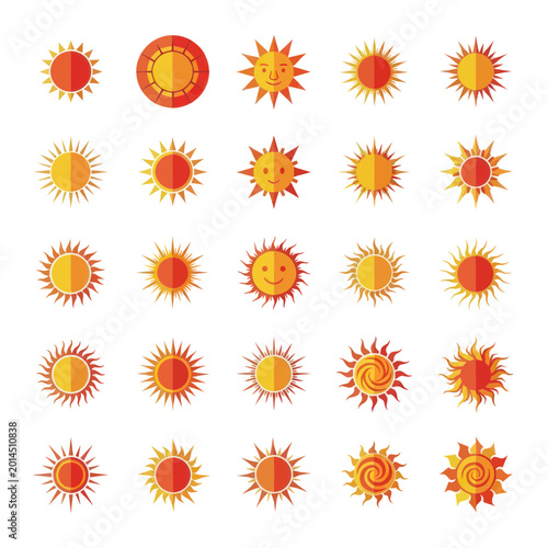 Fotografie Diverse Sun Icons Set: Flat Design, Weather, Summer, Energy, Brightness