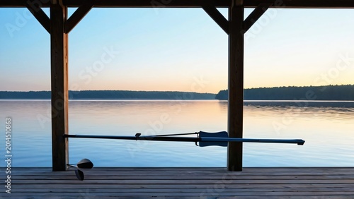 Rowing Oar at Dawn on Boathouse Dock