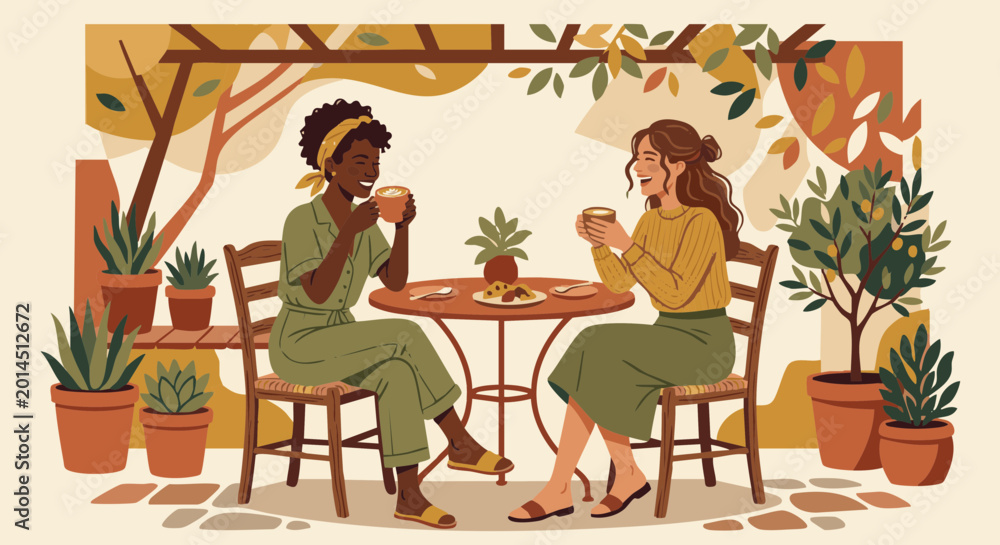 Fototapeta premium Two female friends enjoying lattes and chatting on outdoor terrace surrounded by plants 