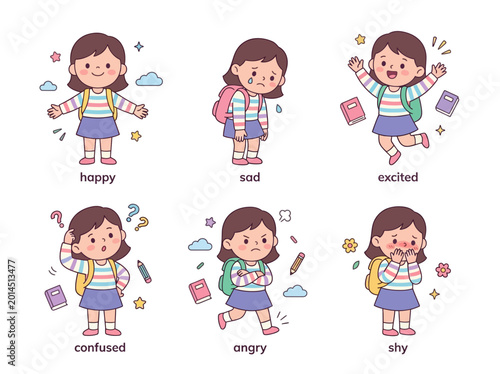 Fotografi A collection of six cartoon illustrations depicting a young girl expressing various emotions like happy, sad, excited, confused, angry, and shy