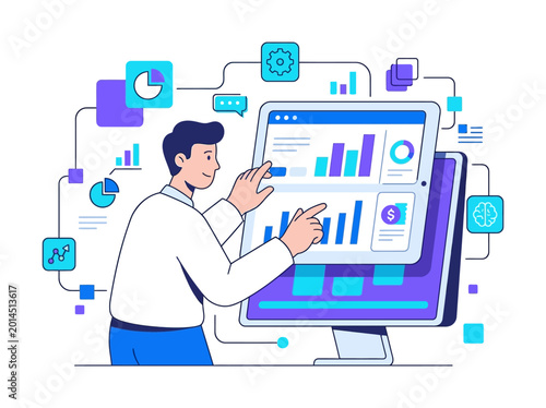 Foto A man analyzing data on a large computer screen with various charts, graphs, and interconnected icons representing business analytics and digital information processing