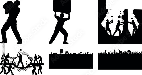 Obraz na plátně Silhouettes of protesting crowds and workers holding banners
