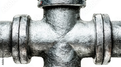Close up of metal plumbing pipe fitting showing industrial design elements