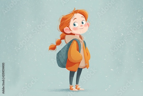 Red-haired girl with braid and backpack, wearing orange jacket, ready for school or adventure, cute child illustration with soft blue background and snow effect.