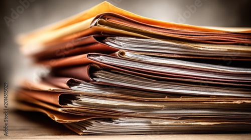 Stack of documents with colorful folders and papers on a table