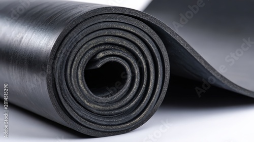 Close up of rolled black rubber sheet on white background