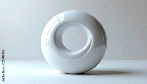 Isolated glossy white torus geometric shape with reflective surface, studio lighting, abstract form, clean and modern design