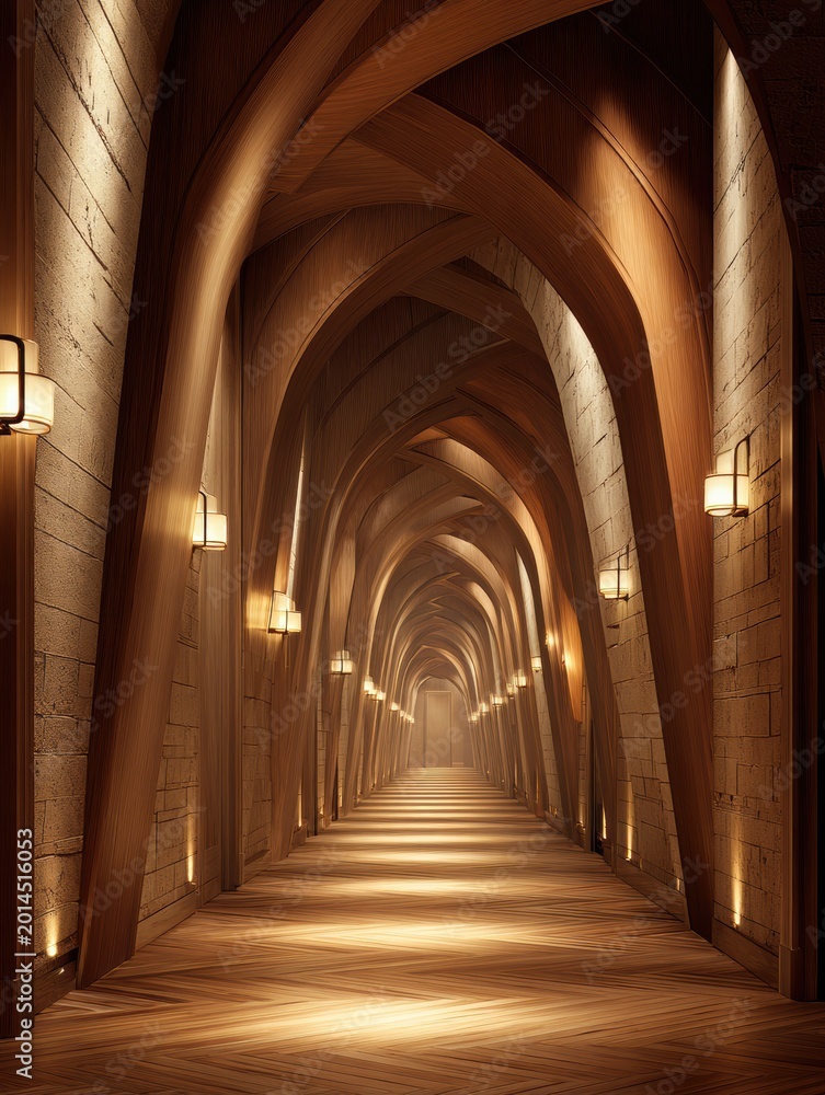 Obraz premium A long hotel corridor displays repeating arched doorframes with soft lighting and a herringbone floor, inviting guests into a luxury space.