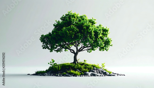Isolated lush green tree on a small rocky island, symbolizing growth and nature, with vibrant foliage and soft lighting