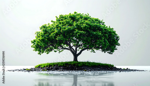 Isolated lush green tree with dense foliage on a small grassy island, surrounded by pebbles and reflected in water, representing growth and nature
