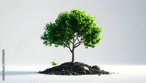 Isolated lush green tree with vibrant leaves growing from a mound of dark soil and pebbles, clear background, symbolizing growth and nature