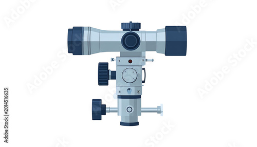 Isolated medical microscope, top view, with focus knobs and adjustable stage, scientific instrument for laboratory analysis and research