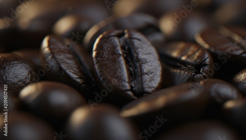 Tableau sur toile A close-up, macro shot of roasted coffee beans showing their rich texture and dark brown color