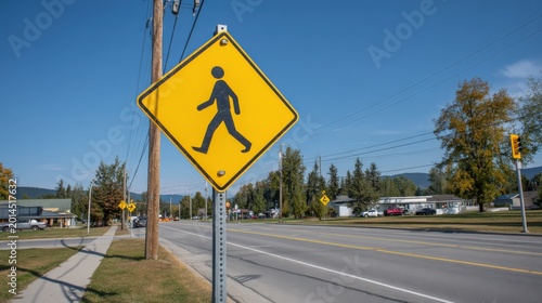 Yellow pedestrian crossing sign along residential road with clear blue sky
