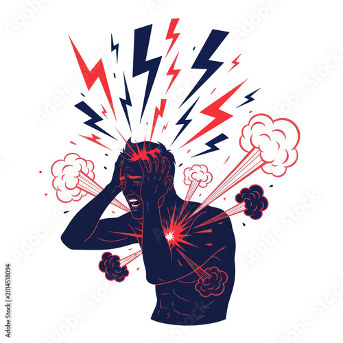 Foto Man experiencing intense stress, mental breakdown, anxiety attack, explosion of