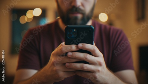 Tableau sur toile A close-up shot of a man holding a smartphone in his hands while looking down at the screen in a dimly lit setting
