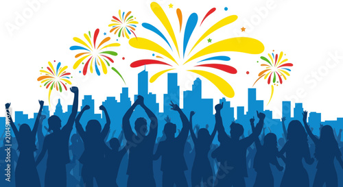 Celebration Crowd Silhouette Cityscape Fireworks