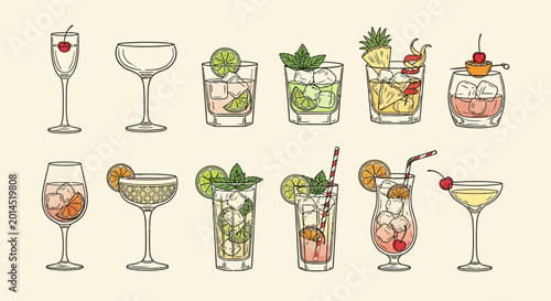 Fotografia Vibrant collection of refreshing cocktails and mixed drinks illustrated in a col