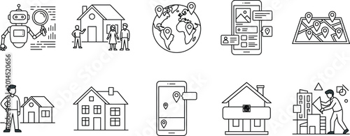 Fotografía Real estate and property technology line icon set with smart home mapping locati