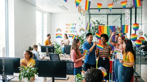 Diverse Young Professionals Celebrating Pride Month in Modern Office Workplace