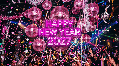 Vibrant nightclub party with pink neon 2027 text and disco balls representing energetic holiday celebrations perfect for music event posters