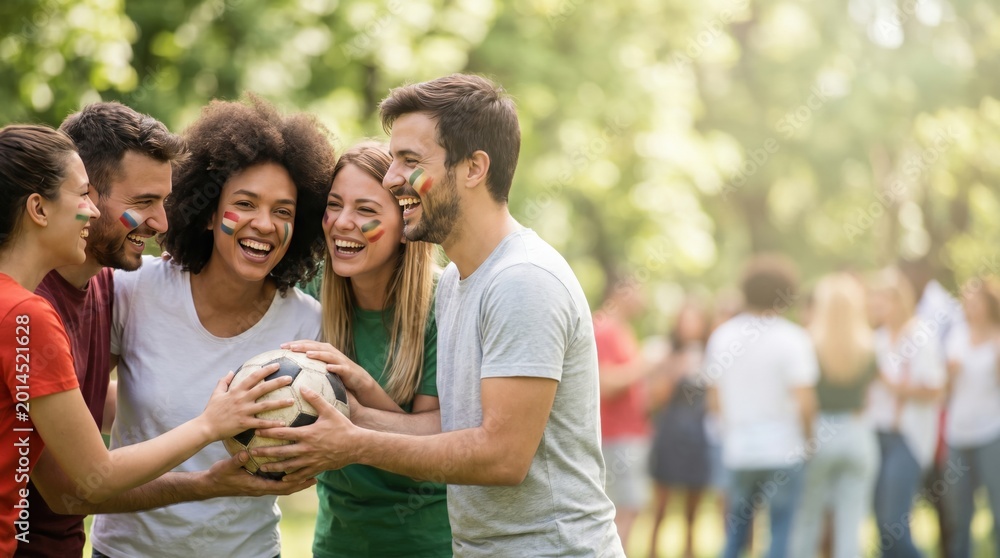 Fototapeta premium Diverse Group of Young Adult Soccer Fans Celebrating Outdoors with Face Paint and Ball
