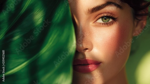 Young woman with green eyes and red lips beside tropical leaf