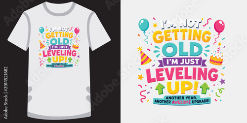Fotografie Leveling up birthday graphic design for gaming enthusiasts on white casual t shirt mockup