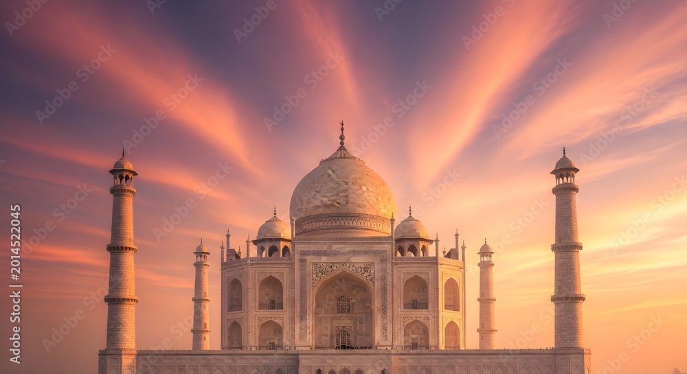 Fototapeta premium Majestic Taj Mahal at Sunrise A Symphony of Swirling Pink Clouds and Golden Light