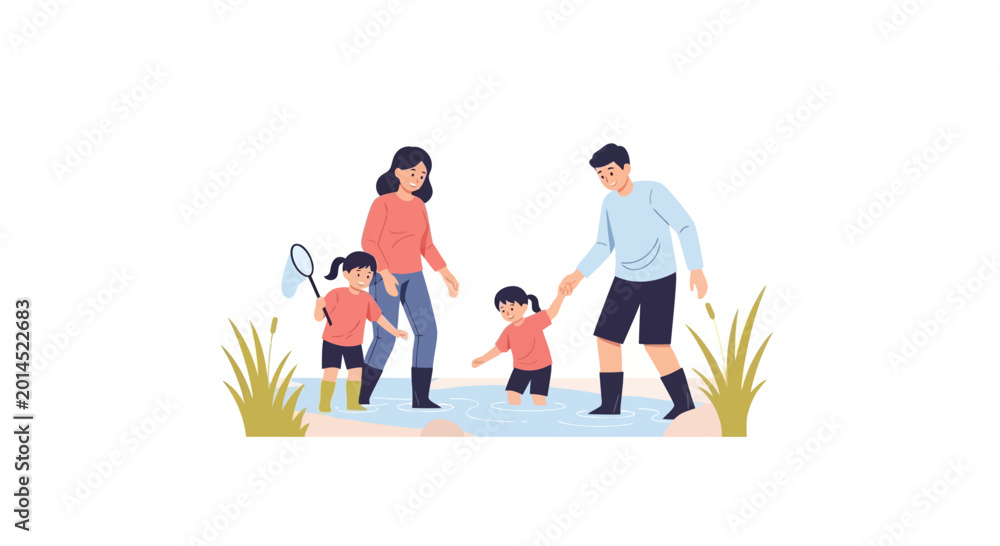 Obraz premium Family fun: parents and kids explore nature, catching insects by a pond