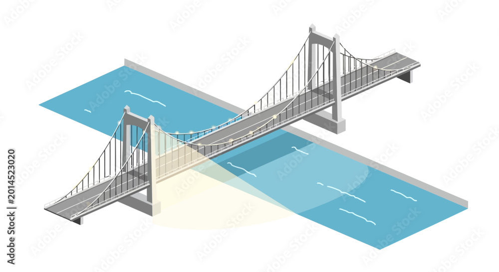 Fototapeta premium Modern suspension bridge crossing a wide blue river, architectural marvel, transportation infrastructure
