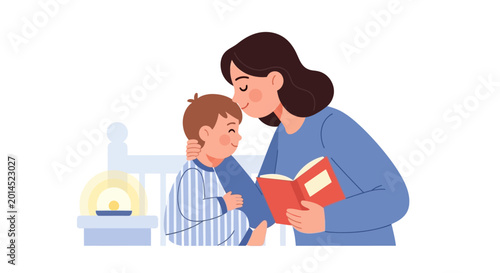 Mother reading bedtime story to son in pajamas, gentle kiss on forehead, cozy nursery