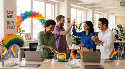 Diverse Corporate Team Celebrating Pride Month with Rainbow Cake in Modern Office Workplace