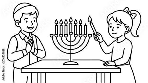 Foto Line art illustration of boy and girl lighting hanukkah menorah candles on wooden table