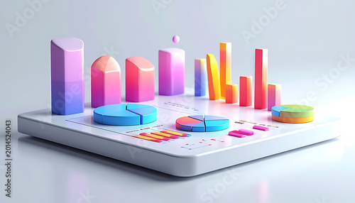 Isometric 3d charts and graphs, bar charts and pie charts in pastel colors, business data visualization, financial planning and analysis