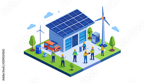 Isometric illustration of a sustainable energy hub